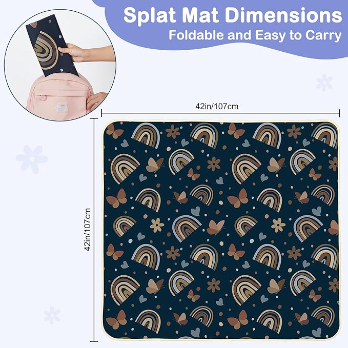 Splat Mat for Under High Chair 42 x 42 Inch Waterproof Baby Splash Mat with Non Slip Bottom Reusable Portable Highchair Mat for Floor Food Catcher for High Chair, Navy Rainbow