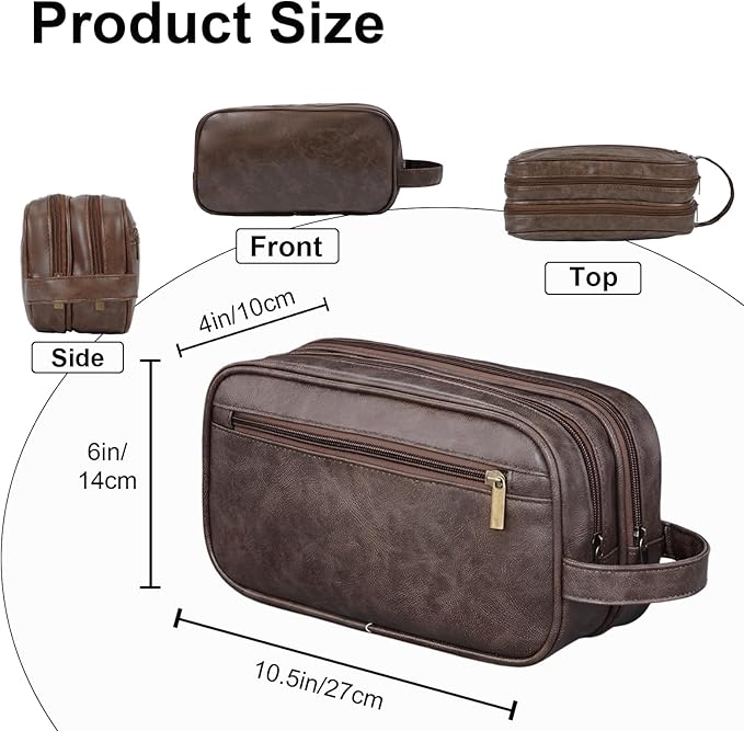 Mens travel toiletry bag, Gift For Men，PU Leather Water Resistant Cosmetic Bag Dopp Kit Shaving Pouch with Large Capacity for Toiletries Accessories(Coffee)