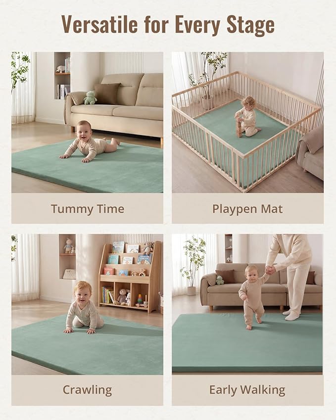 Blissful Diary 1.3" Thick Baby Play Mat, 71x59 Playpen Mat with Removable & Washable Cover, Ultra Soft Crawling Rug for Floor, Foam Cushion & Non-Slip Backing for Kid, Toddler and Infant, Sage Green