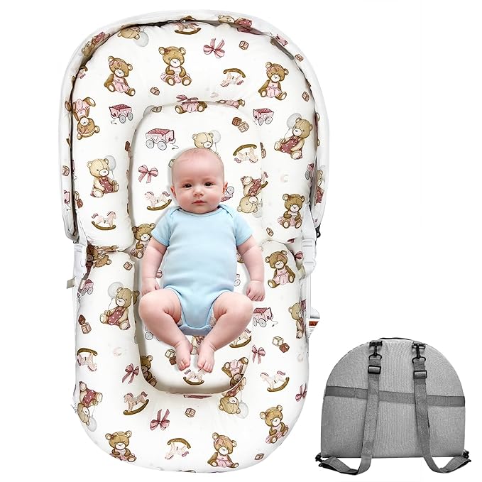 Baby Lounger, Foldable Portable Waterproof Baby Nest Cover, 0-24 Months Newborn Tummy Time Training & Seating Support Pillow, Dual-Use Breathable Infant Lounger Backpack for Home & Travel (Pink Bear)