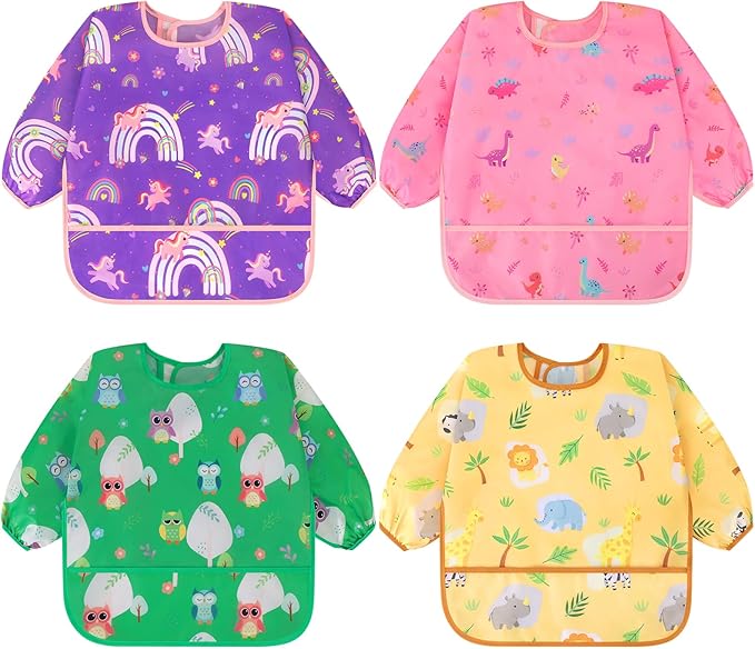 Accmor 4 Pack Long Sleeve Bibs, Baby Smock Waterproof Sleeved Bib Smock for Baby Toddler 6-36 Months