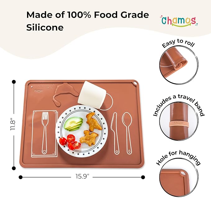 CHAMOS Montessori Placemat for Toddlers - Kids Silicone Mats for Dining Table - Set of 2 - Table Setting Learning (Clay and Beige)