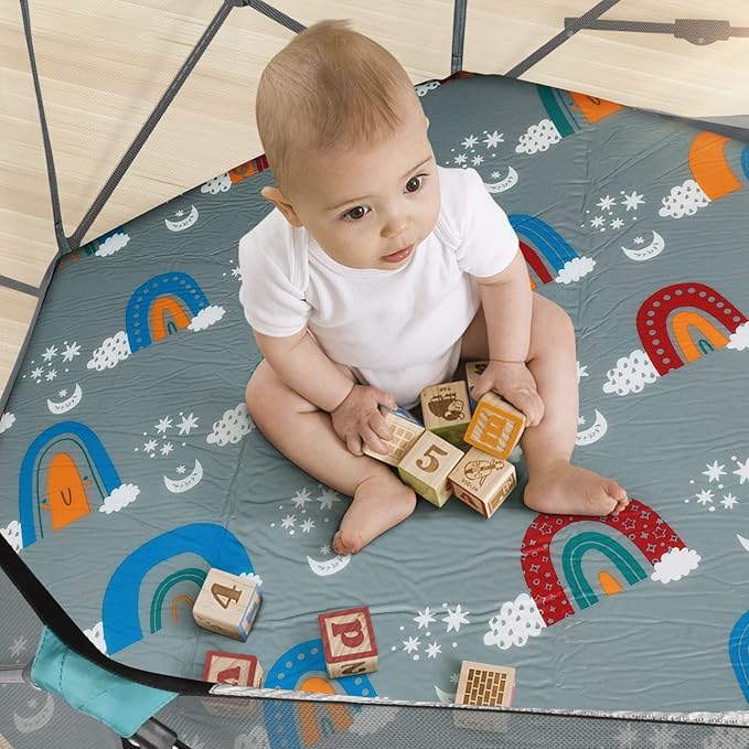 Hexagon Playpen Mat, Compatible with Regalo Play Yard and hiccapop PlayPod Portable Playpen, Self Inflatable Mat Pad, Portable and Comfortable Play Yard Mat with Carry Case - Rainbow