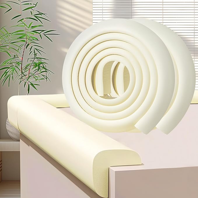 ZOMPAGO Baby Proofing Edge & Corner Protectors, 2 Roll White Foam L-Shape Self-Adhesive Bumper Strip, Soft Shock-Absorbent Wall & Furniture Safety Bumpers for Nursery, Kitchen, Fireplace, Table, Desk