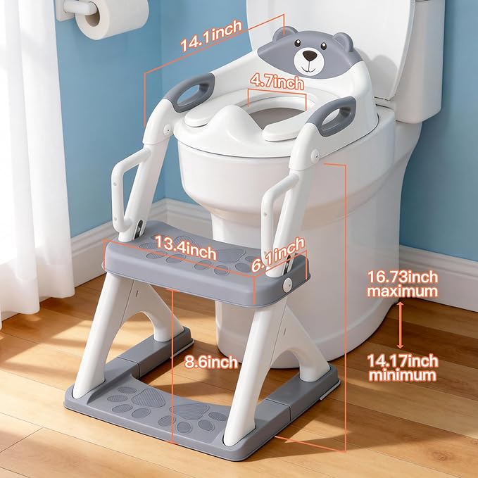 Potty Training Seat ，SKYROKU Potty Training Toilet with Step Stool Ladder, for Kids Boys Girls Toddlers - Comfortable Safe Potty Seat with Anti-Slip Pads Ladder (8899Pro-Grey)