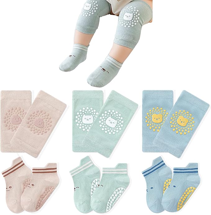 TFTSR Baby Knee Pads for Crawling (3 Pairs) and Baby Socks for Walking (3 Pairs), Walking Protector for Toddler Kid Girls Boy