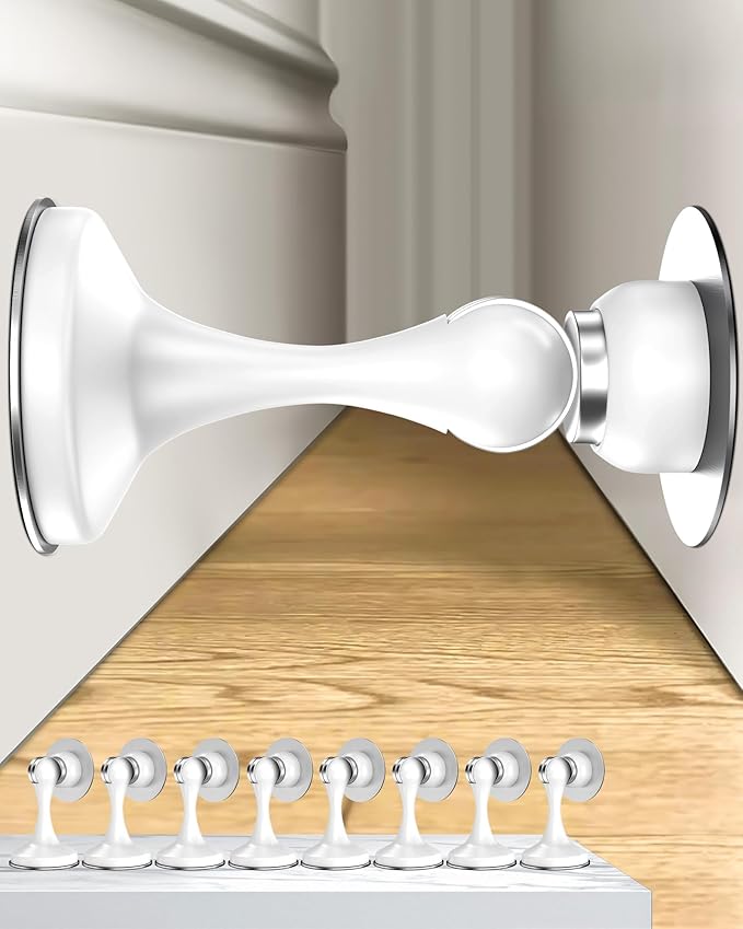 Crosize Magnetic Door Stoppers 8 Pack, Stainless Steel Door Stops for Wall and Floor Mounting, Door Holder Keep Door Open, No Drilling Door Stop with 3D Adhesive Tapes, White