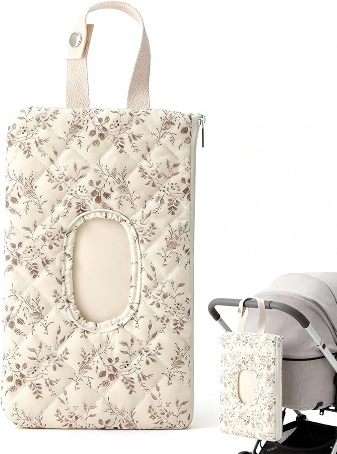 Quilted Baby Wipe Holder, Portable Refillable Diaper & Wipes Pouch with Lanyard, Quilted Reusable Bag for Travel Mommy Bag
