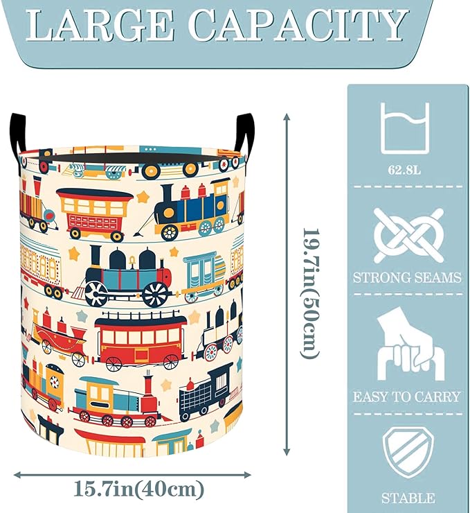 VODRM Retro Colorful Train Laundry Basket, Dirty Collapsible Clothes Toy Organizer Hamper for Kids Adults, Oxford Cloth Waterproof Storage Bin for Bedroom Bathroom Home Decor Gifts, 19.7"X15.7"