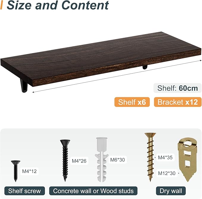 SKYSEN Floating Shelves for Wall Set of 6, 23.6in Wood Wall Shelf for Decor, Bathroom, Bedroom, Storage, Book,Kitchen, Living Room - Dark Brown(fs-60-d)