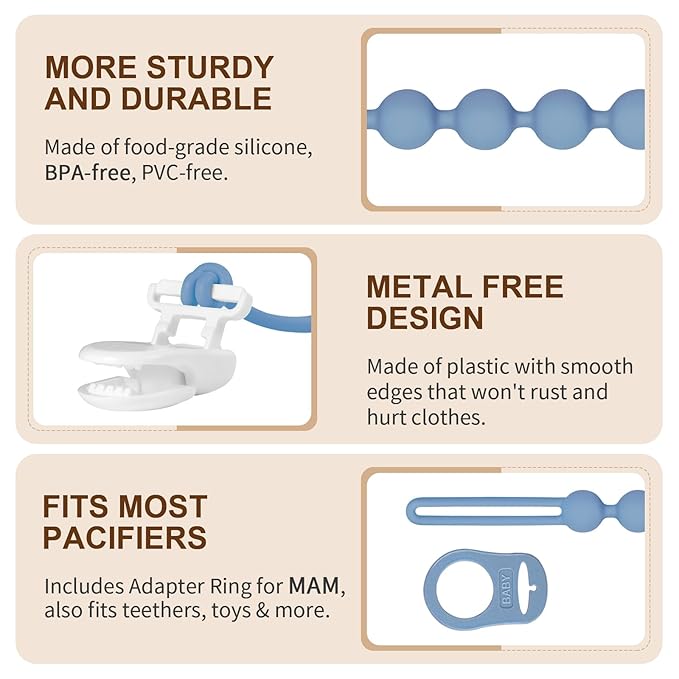 4-Pack Silicone Pacifier Clip with Adapter Ring Fits MAM Dummy, Soft Flexible Binky Holder for Button-Style Maam Dummies, Anti-Loss Paci Clips for Baby Boys, Xmas Gifts Baby Shower Essentials