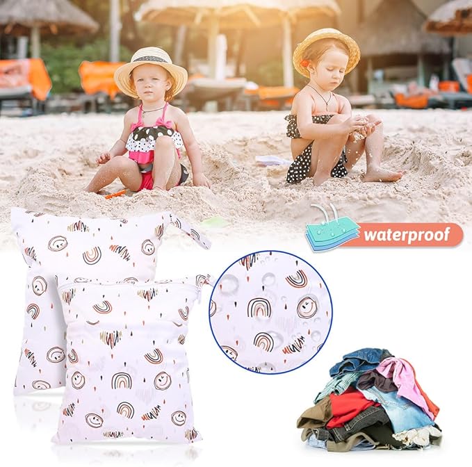 2 Pack Wet Dry Bags Waterproof Washable Travel Bags, Wet Bag with 2 Zippered Pockets for Diapers, Daycare, Bathing, Travel, Beach, Wet Swimwear, Yoga Gym(Rainbow)