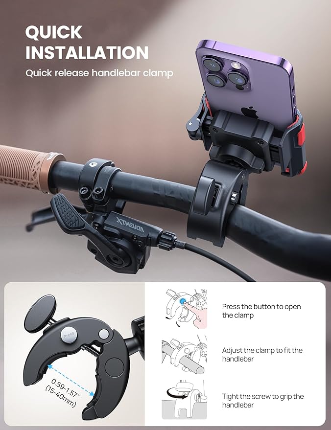 Lamicall Motorcycle Phone Mount Holder - [Camera Friendly] [1s Lock] Bike Phone Holder Handlebar Clamp, Bicycle Scooter Phone Clip, for iPhone Air, 17, 16, 15 Pro Max, Galaxy, 4.7-7" Phones, Red