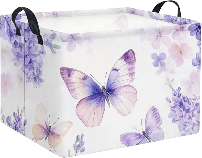 TIBAOLOVER Rectangular Kids Storage Basket Baby Storage Basket with Handles for Home Kitchen Boys and Girls Cute Toy Storage Bin Organizer Shelf Book Room Decor(Purple Butterfly)