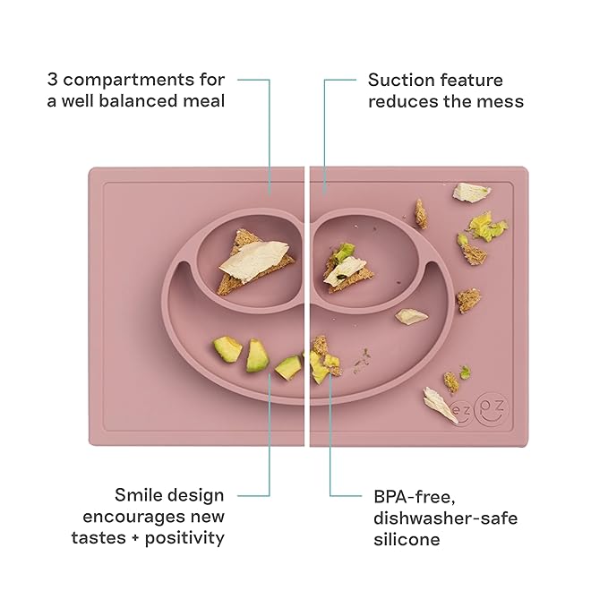 ezpz Happy Mat (Blush) - 24 Months+ - 100% Silicone Suction Placemat + Divided Plate with Three Compartments - Toddler + Preschool Essentials
