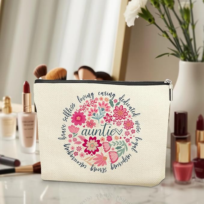 Auntie Aunt Gifts Makeup Bag，Auntie Gift Ideas,Aunt Birthday Gifts for Women New Aunts Anniversary Appreciation Cosmetic Bags,Abstract Floral Zipper Pouch Travel Toiletry Bag Accessories Organizer