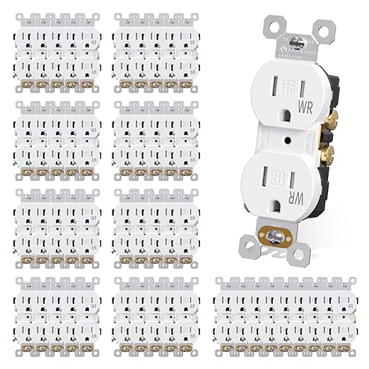 AIDA Duplex Receptacle Outlet, Tamper Resistant & Weather Resistance Outlets, Residential, 3-Wire, Self-Grounding, 15Amp 125V, UL Listed, White(50 Pack)