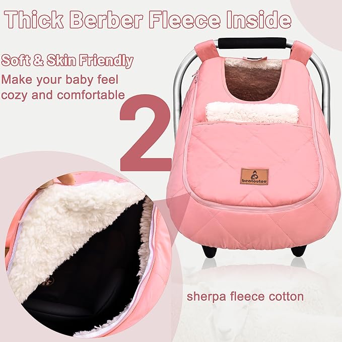 Winter Baby Car Seat Cover, Waterproof Winter Infant Carseat Canopy for Girls, Cold Weather Warm Car Seat Covers for Babies, Keeps Babies Warm and Cozy (Pink)