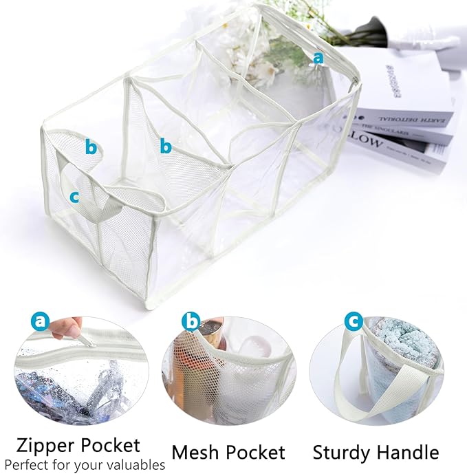 AMOIGEE Clear Beach Bag Organizer Insert with 3pcs Accessories for XL Bogg Bag Inserts - Tote Bag Divider with Sunglasses Holder, Phone Holder and Clips Hooks - Beach Tote Insert Organizer Liner
