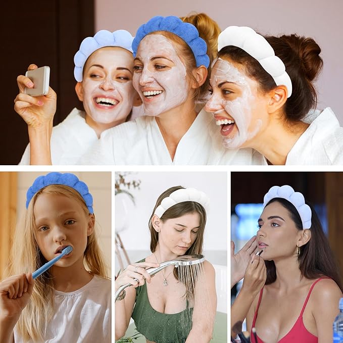 3 Pack Spa Terry Cloth Headbands - Puffy Hair Bands for Skincare, Makeup, and Face Washing