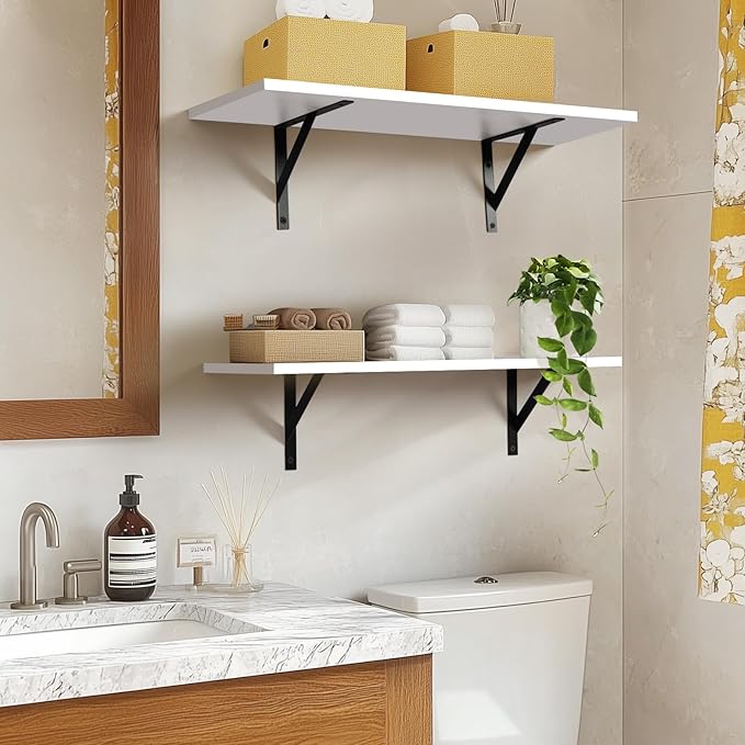 Heavy Duty Long Wall Shelves Set of 2, Floating Shelves Wall Mounted with Industrial Brackets, 40lbs Capacity Shelves for Laundry Room, Kitchen, Bathroom, Living Room (24"*8",White)