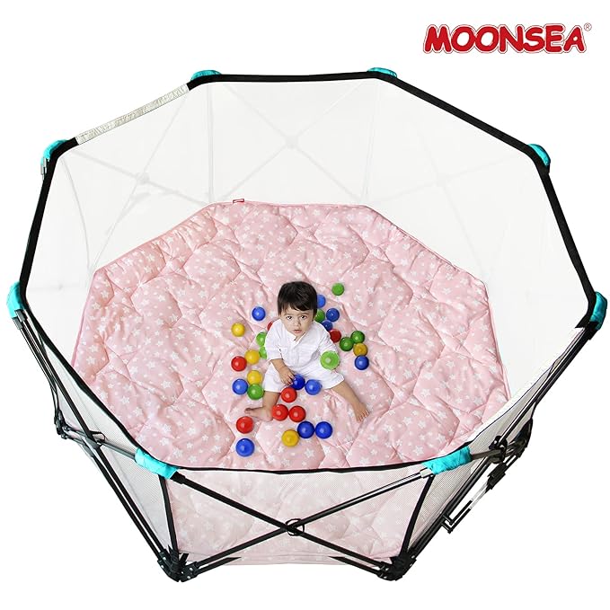 Octagon Playpen Mat Pink for Girls, Non Slip Baby Playpen Mattress Mat Fits 8 Panel Regalo Extra Large Portable Play Yard, Pink Star Print Playard Pad for Girls