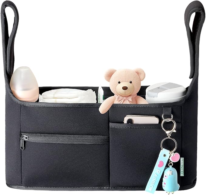Stroller Organizer, New Fabric Design, Holds 2 Cup Holders for Baby Products, Multiple Pockets for Storing Diapers and Toys, Suitable for All Off-Road Models