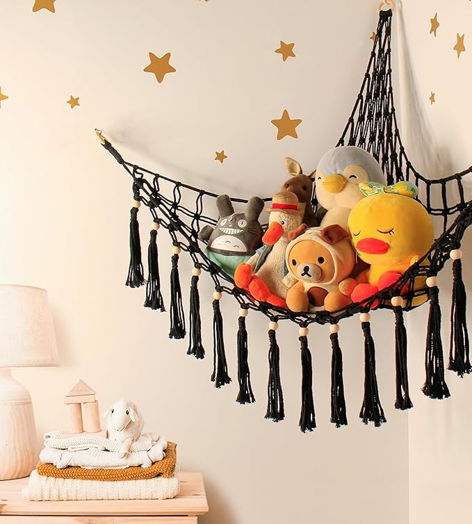 Stuffed Animal Toy Storage Hammock with LED Light - Macrame Jumbo Doll Corner Stuff Animals Organizer Decorations - Cute Hanging Plushie Net Kids Baby Nursery Bedroom Room Decor