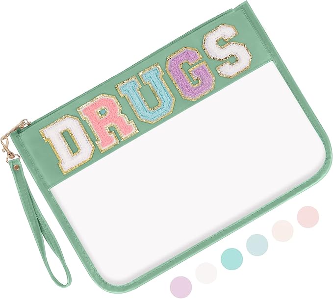 Iqimott Chenille Letter Clear Bag Drugs Pouch, Monogram PVC & PU Makeup Cosmetic Bag Zipper Toiletry Pouch, Waterproof Portable Purse Travel Beach Snack Wristlet Bags for Women Girls(Drugs,Green)
