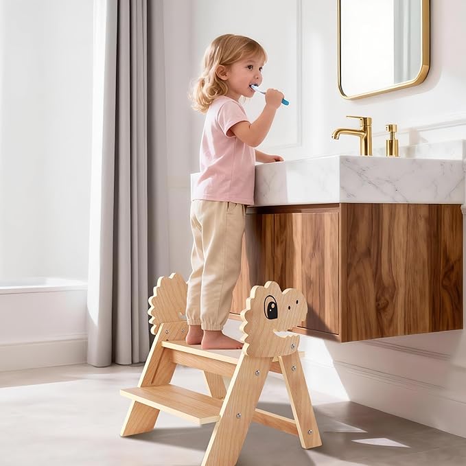Novarieth Beech Wooden Toddler Step Stool, 2-Step Foldable Stool for Kids with Non-Slip Surface, Baby Bathroom Stool for Potty Training, Bathroom Sink, Kitchen Counter with Cute Dinosaur Design