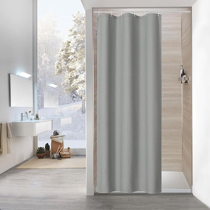 MitoVilla Grey Waffle Stall Shower Curtain, 36 x 72, Farmhouse Half Size, Fabric Narrow, 36 inch Waffle Weighted Set, Gray
