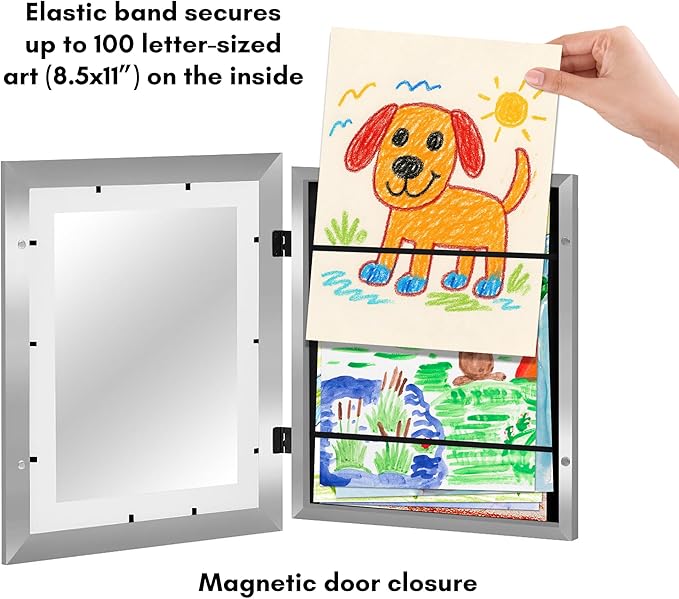 Americanflat Kids Artwork Frame Changeable (Silver) - Magnetic Door Holds 100 Art Pieces - 8.5x11 Letter Size Display with Mat or 10x12.5 Without Mat - My Mini Masterpiece