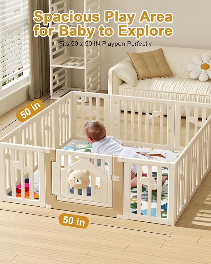 Premium Foam Baby Play Mat 50x50, 4 Developmental Zones Play Mat with Removable & Machine Washable Cover, Extra Thick Padding Playpen Mat, Easy to Clean for Infants, Toddlers & Babies