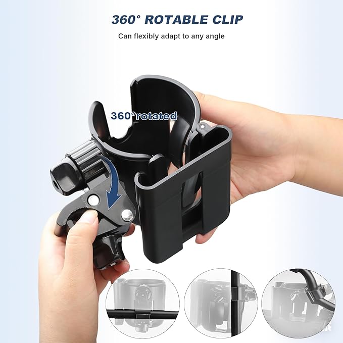 2-in-1 Walker Cup Holder with Reversible Phone Holder，Fit for Wheelchair, Rollator, Scooter, Bike, Mobility, Camper, Stroller with Sturdy,Rotatable,Adjustable and Anti - Slip Clip