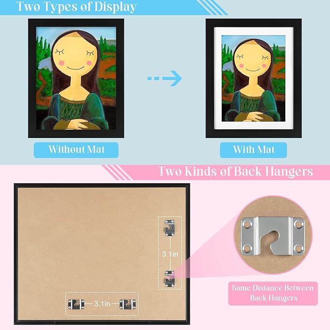 [2 Pack] Kids Art Frames, 10x12.5 Front Opening Kids Artwork Frames Changeable, Displays 8.5x11 With Mat and 10x12.5 Without Mat, Holds 50 Pcs, for 3D Picture, Crafts, Hanging Art, Portfolio Storage