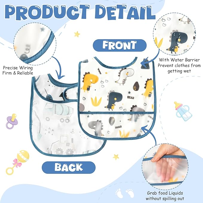 2ooya 6Pcs Baby Bibs for Feeding Toddler Eating Bibs with Crumb Catcher Pocket Waterproof Sleeveless Teething Plastic Food Bib Set Adjustable Infant Keepsake Gift for Boys Baby Shower, 6-24 Months