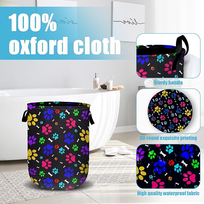 Colourful Paw Prints Bones Laundry Basket, Laundry Hamper Collapsible Oxford Cloth with Handle Clothes Toy Storage Bin for Bathroom Laundry Room Bedroom 15.7 X 20 Inch