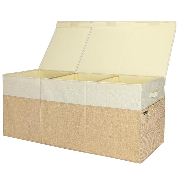 BALEINE Fabric Storage Bins with Lid, Collapsible Extra Large Storage Boxes Bins Baskets with Divider for Home Organizing (37.5"x13"x16", Khaki&Beige)