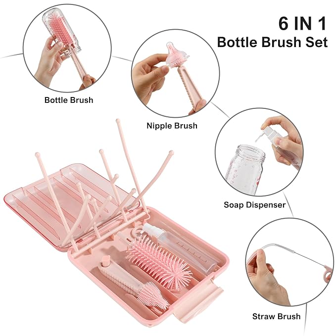 YomauiYee Baby Bottle Brush Set-6 in 1 Bottle Brush Cleaner with Silicone Bottle Brush,Drying Rack,Nipple Brush,Straw Brush,Soap Dispenser&Storage Box-Baby Essentials Gifts for Home&Travel(Pink)