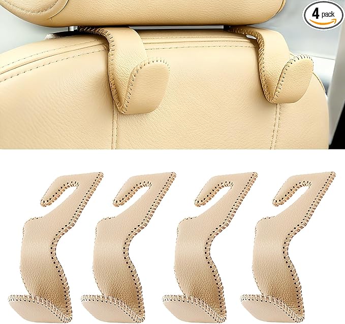Headrest Hooks for Purses and Bags, Car Back Seat Headrest Hanger Vehicle Beige Leather Storage Hook, Pack of 4