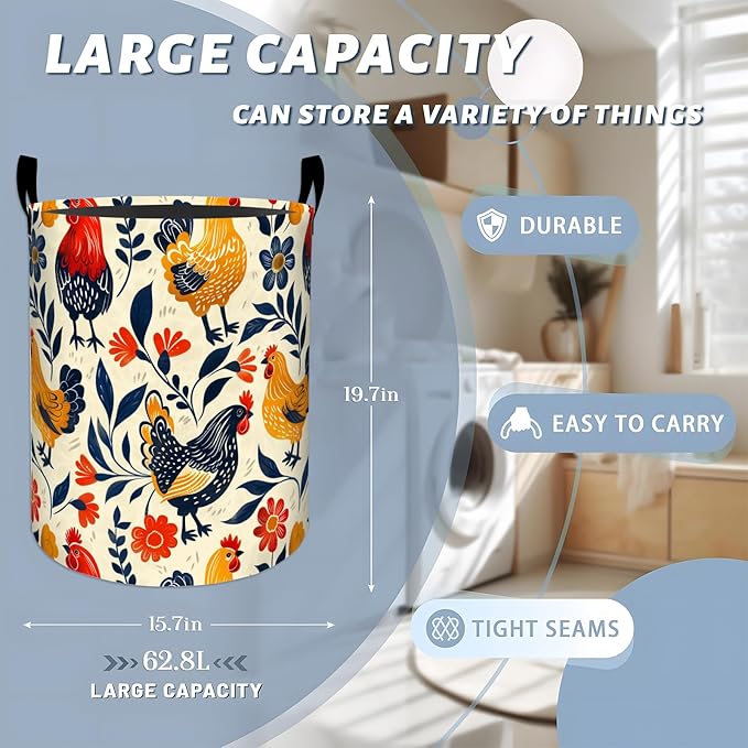 Colorful Roosters Hens Red Flowers Laundry Basket with Handles, 19.7"x15.7" Clothes Foldable Laundry Hamper Organizer for Dorm Nursery Bedroom Bathroom Decor, Toy Storage Bin for Kids