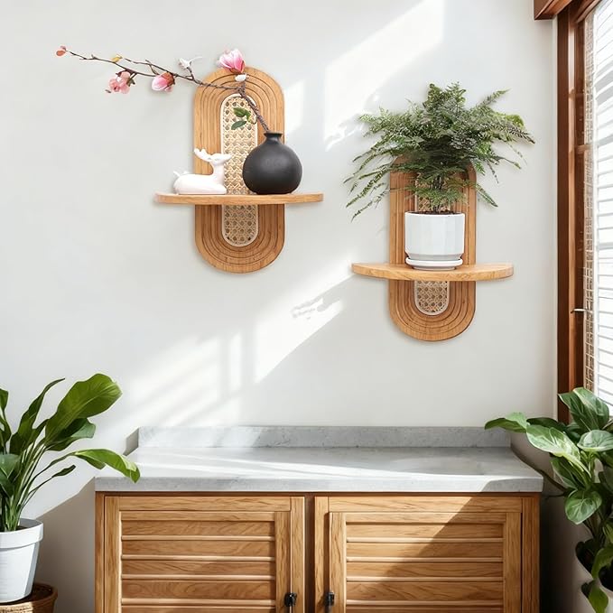 Floating Shelves for Wall, Boho Home Wall Decor,Rattan Plant Shelf Set of 2, Mid Century Small Decorative Shelf, Natural Wood Shelves for Living Room,Bedroom,House,Office (Natural)
