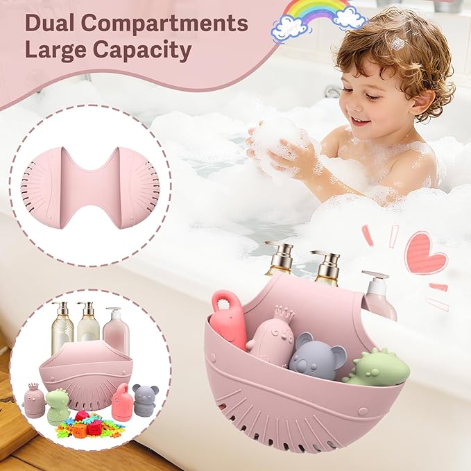 Silicone Bath Toy Organizer for Tub, Flexible 2-Compartment Bathtub Storage Basket for Kids & Adults, Drainable Toy Holder and Foldable Shower Caddy for Bathroom Essentials（Pink）