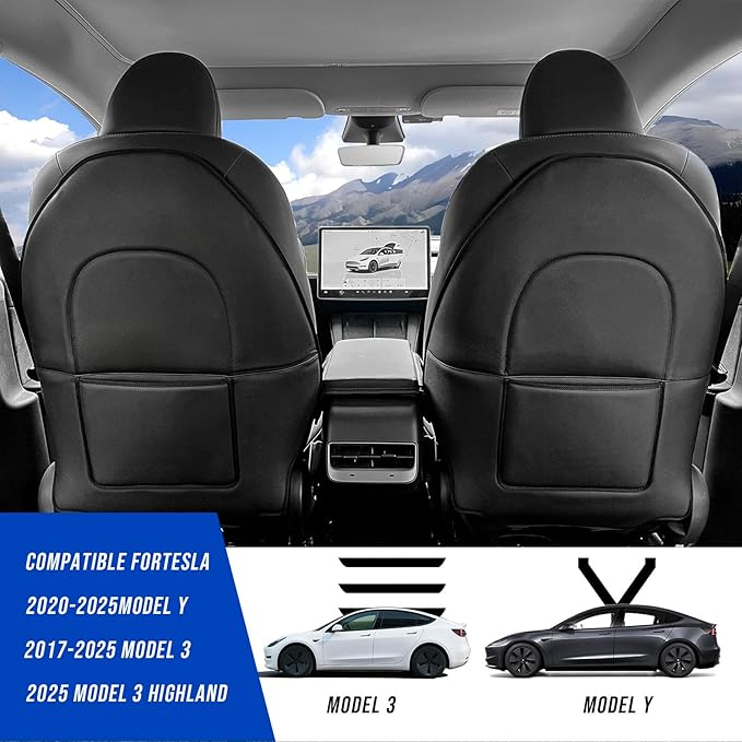 INFIVITA Automotive Seat Back Protector for Tesla Model 3/Y (2017-2025) - Waterproof Leather Kick Mat with Storage Pocket