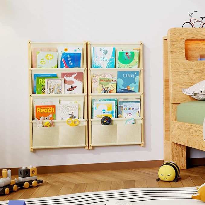 Wood 4-Tier Wall Mounted Kids Bookshelf – Floating Book Shelf For Kids Rooms,Nursery & Classroom, Hanging Bookcase Organizer For Books, Nursery Shelves, Toddler Book Shelf, Montessori Bookshelf 2Pack
