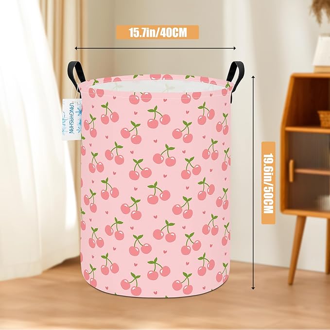 LANGYASHAN Laundry Basket Canvas Fabric Collapsible Organizer Basket for Storage Bin Toy Bins Gift Baskets Bedroom Clothes Children Nursery Hamper (Pink Cherry)