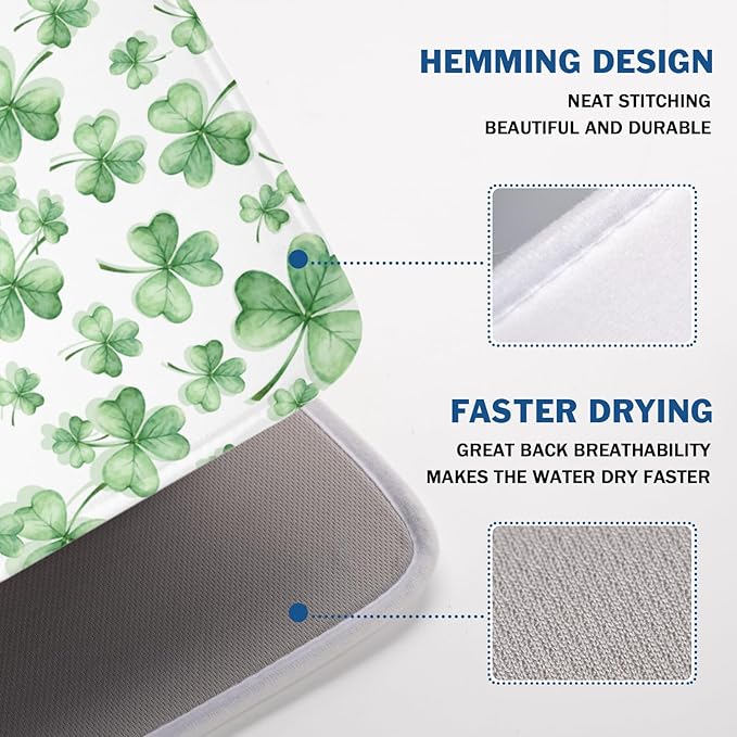St Patrick's Day Dish Drying Mat for Kitchen Counter,Green Lucky Charm Shamrocks Drying Mat 18 x 24 Inch with High Absorbent Microfiber Drainer Mat for Coffee Bar