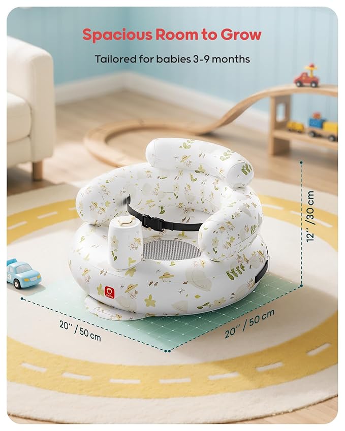 QPAU Inflatable Baby Seat with Safety Harness for Babies 3 Months & Up, Baby Floor Seats for Sitting Up, Baby Seats for Infants, Blow Up Baby Chair with Built in Air Pump (Flowers)
