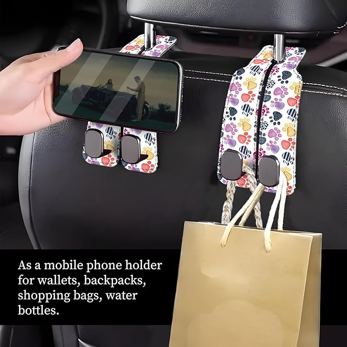NUGGHU Car Seat Headrest Hook, Universal Leather Cute Hanger Holder Hook, Storage Organizer Interior Accessories for Purse Bags Handbag Cute Colorful Dog Paws