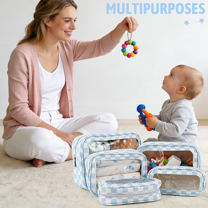 5PCS Diaper Bag Organizer Pouch Set, TSA Approved Toiletry Bag，Clear Waterproof TPU Makeup Bag Set Travel Organizer Bags for Women and Kids